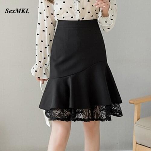 Faldas Mujer Moda 2021 Fashion Lace Patchwork High Waist Black Skirts Women Korean Style Clothes Elegant Sexy Office Midi Skirt