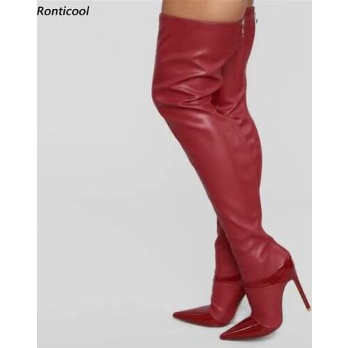 Ronticool New Handmade Women Spring Thigh Boots Back Zipper Sexy Stiletto Heel Pointed Toe 12 Colors Party Shoes Us Size 5-15