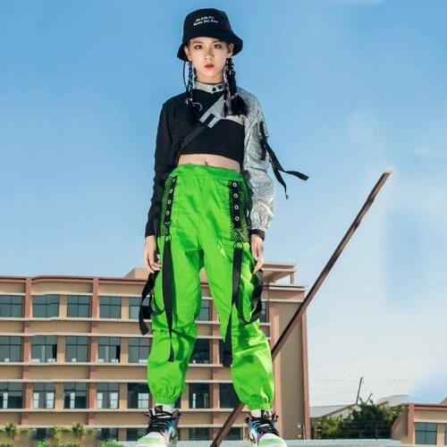 Girls Jazz Hip Hop Kids Dance Costumes Silver Single Sleeve Tops Loose Hiphop Pants Modern Jazz Performance Stage Wear BL4971