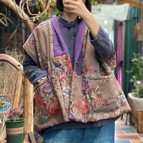 Johnature Women Vintage Cotton Linen Vests Patchwork Coats Chinese Style Sleeveless V-Neck Print Floral 2020 Winter Female Vests