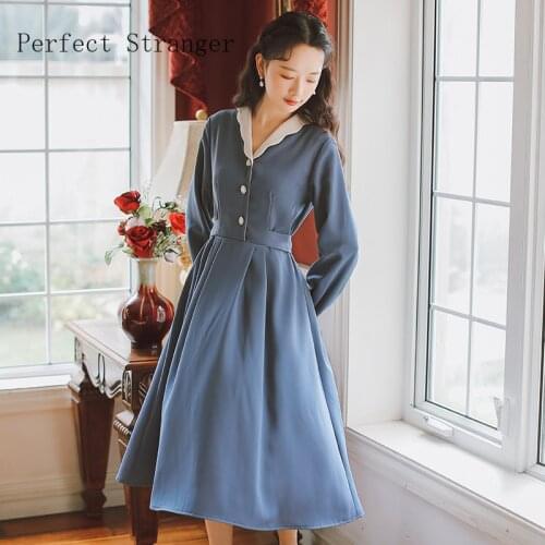 2021 Autumn New Arrival High Quality Retro Korean V Collar Long Sleeve Collect Waist Women Long Dress