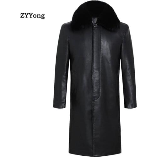 Winter Fleece Leather Jacket Men Overcoat Trench Coat Plus Velvet Warm PU Fur Collar Business Long Black Windbreaker Outwear