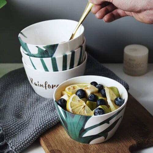 1pc Green Leaf Design Bowl European Style Ceramic Rice Bowl Milk Bowl Fine Bone China Breakfast Bowl Dinnerware