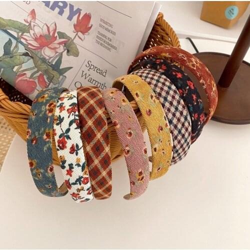 2021 retro plaid floral headband corduroy headband French sweet girl hair card Sen hair accessories