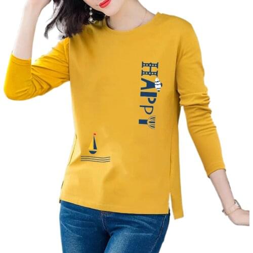 2021 Spring Womens T-shirt printing cotton split bottoming shirt round neck long sleeve ladies top breathable soft slim pullover