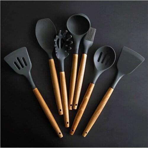 9 pcs/set Silicone Kitchen Tools Cooking Sets Soup Spoon Spatula Non-stick Shovel with Wooden Handle Special Heat-resistant