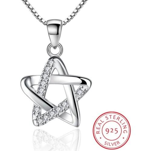 925 Sterling Silver Hollow CZ Five-pointed Star Pendant Necklace For Women 45cm Chain Necklace collares es plata S-N204