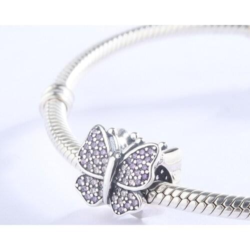 925 Sterling Silver Animal Pendant CZ Zircon Purple Butterfly Charm Bracelet DIY Jewelry Making For Original Pandora