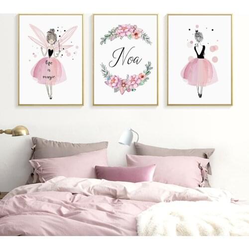 Watercolor Pink Kawaii Girls Poster Nursery Decor Flower Canvas Paintings Print Wall Art Pictures Gifts Children Room Home Decor