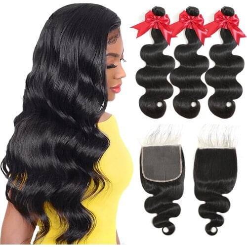Beaushine Body Wave Bundles With Closure Brazilian Hair Weave Bundles With Lace Closure Remy Human Hair Bundles With 4x4 Closure