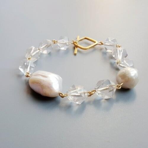 LiiJi Unique Clear Quartz Baroque Pearl S925 Sterling Silver Gold Color Handmade Bracelet Delicate Jewelry For Women