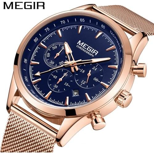 MEGIR Fashion Mens Watches Top Brand Luxury Quartz Clock Rose gold Blue Watch Men Waterproof Sport Chronograph Relogio Masculino