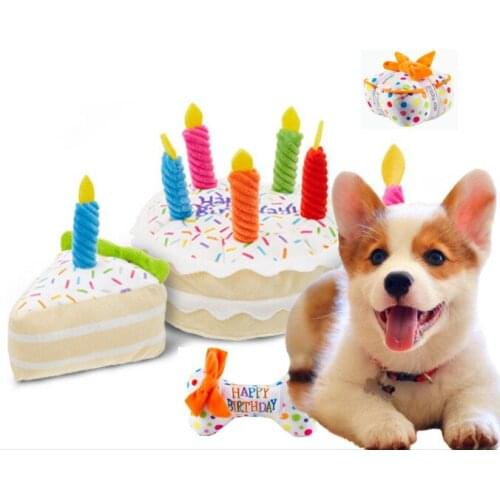 Cute Dog Toy Plush Birthday Cake Play Interactive Bite Resistant Celebration Squeaky Chew Soft Cupcake Stuffed Pet Toys