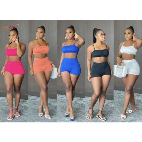 HAOOHU 2021 Summer Women Suit Strapless Chest Wrap Front Pant Outfit Sling Backless Sexy Sports Fashion Solid Color Tracksuit