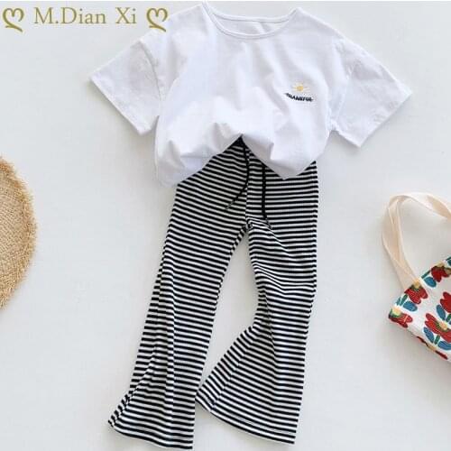 Girls Clothing Sets 2021 Summer Girls Clothes Embroidered Top + Striped Pants Outfit Kids Tracksuit Suit Children Clothing 1-7Y