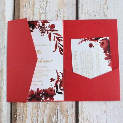 Red invitation card tri-fold invite wedding pocket multi colors customized insert card printing 50pcs