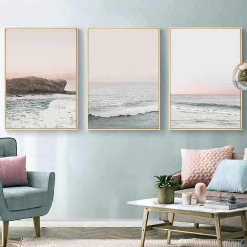 Modern Ocean Print Pink Waves Gallery Wall Art Canvas Painting Beach Landscape Posters Wall Pictures for Living Room Home Decor