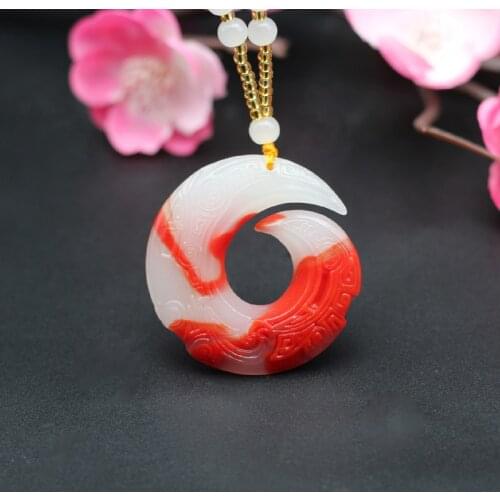 Natural Red White Jade Rune Pendant Necklace Chinese Fashion Charm Jewelry Double-sided Hollow Carved Amulet Men Women Gifts