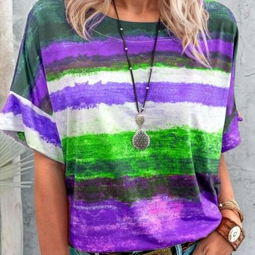 Stripe Contrast Color O Neck Short Sleeve T Shirt Women Summer Vintage Loose Streetwear Oversized Casual Fashion Tops