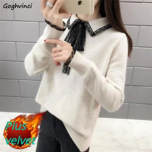 Women Pullovers Thickening Solid Lace Turn-down Collar Soft Simple Elegant Daily All-match Tops Warm OL Sweater Females Autumn