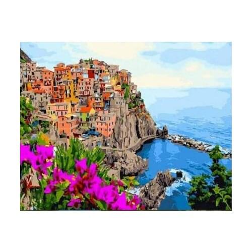 Multicolored Coastal Landscape Framed Pictures Painting By Numbers Painting and Calligraphy DIY Coloring By Numbers on Canvas