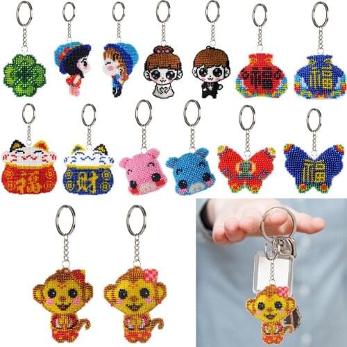 Multicolor Types DIY Full Beads Monkey Printed Cross Stitch Embroidery Keychains Handmade Backpack Pendant Jewelry Key Ring