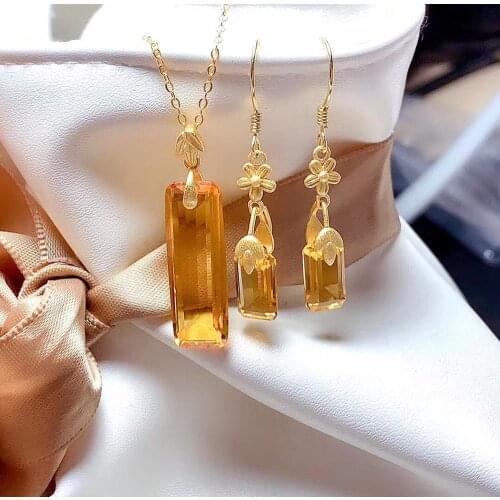 Luxurious big Pincushion Natural yellow crystal gem earrings Pendant Natural citrine Jewelry Set 925 Silver Women Necklace Ring