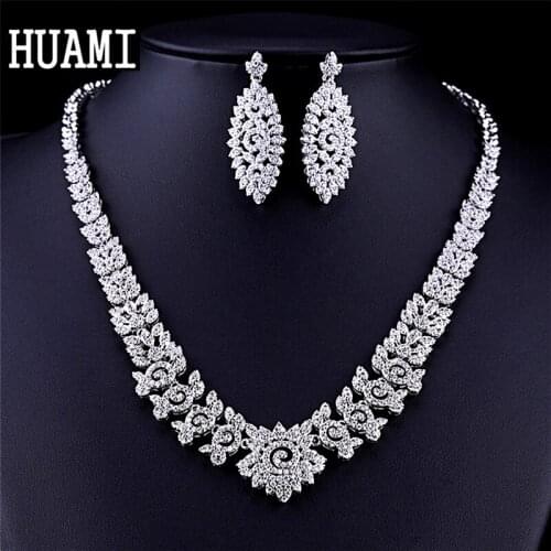 HUAMI Luxury Women Earrings and Necklace Jewelry Sets for Evening Party High Quality Big Shine Cubic Zirconia Wedding Kolczyki
