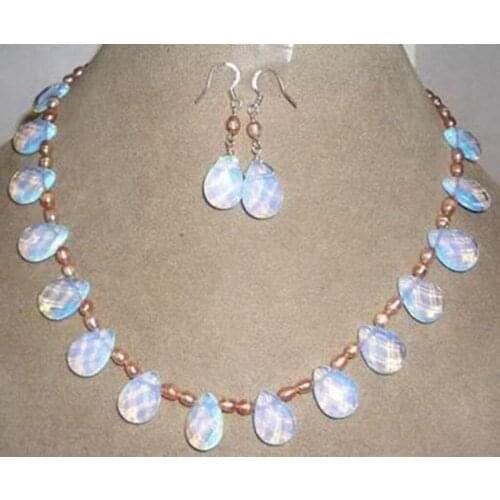 Pink pearl / Sri Lanka Moonstone Drops Pendant Necklace Earrings Jewelry Set