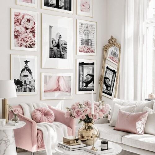 Modern Fashion Girl Picture Home Decor Nordic Pink Flower Style Wall Art Black White Posters and Prints for Living Room
