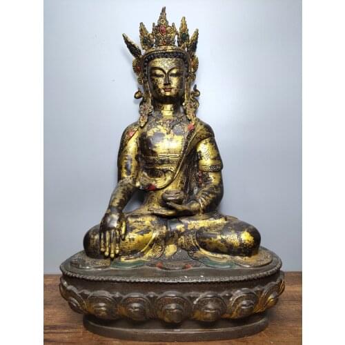 17"Tibet Buddhism Old Bronze Cinnabar Gilt Green Tara Medicine Buddha Buddha statue Bodhisattva Enshrine the Buddha