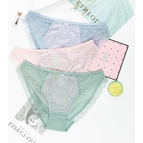 Roseheart Women Fashion Blue Cotton Lace Mesh Low Waist Sexy Panties Underwear Lingerie Women Briefs 3 Piece 3 Color Underpants