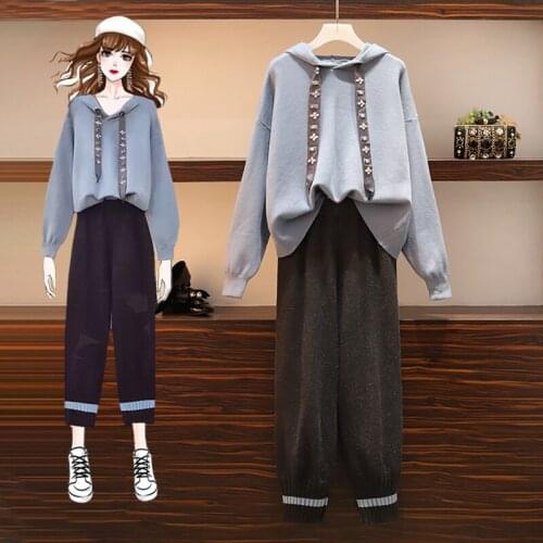 High Quality Knitted Tracksuit 2 Piece Set Autumn Womens Hooded Pullover Top + Casual Pants Two Piece Set Knit Sweatshirts Suit