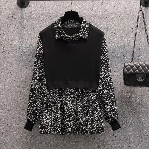 Chiffon Floral Knitted Stitch False Two Piece Plus Size Korean Autumn Elegant Fashion Blouses And Tops WomenS Oversize Shirts
