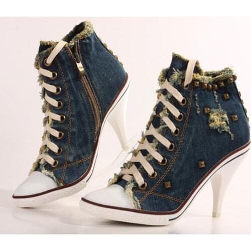 Spring autumn denim high heel womens boots Dark blue large size pointed toe rivet booties ankle boots denim boots heels boty