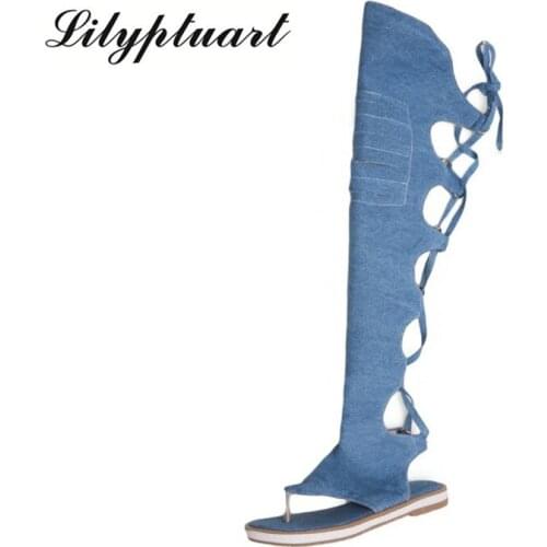 European and American style 40-43 foreign trade large size sandals clip toe denim hollow cross strap flat bottom ladies sandals