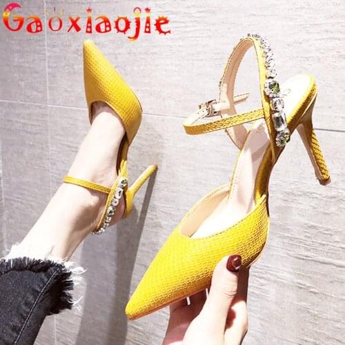Gaoxiaojie Women Shoes 2021 Summer New Fashion Rhinestone Buckle Strap Sandals Pointed Toe Sexy Snake Print Career High Heels