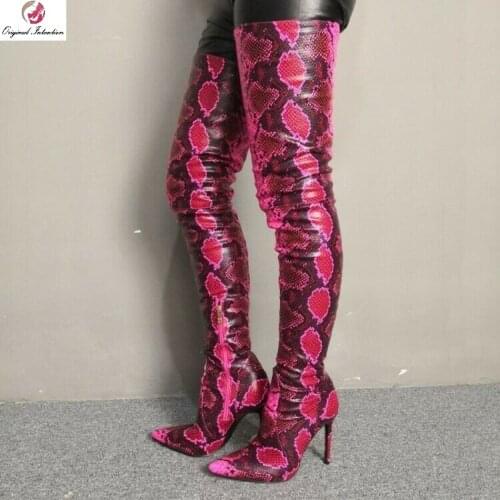 Original Intention Stylish Women Over-the-knee Boots Winter Thigh High Boots Snake Print Pointed Toe Heels Shoes Woman Size15