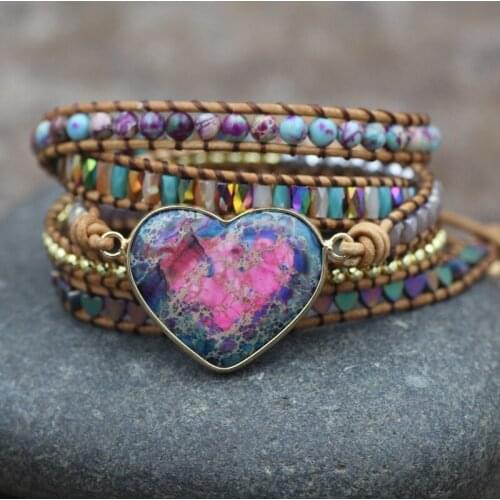 2020 New Heart Stone Rainbow Colorful Love Wrap Beaded Hand Woven Leather Multilayer Twined Bracelet for Women