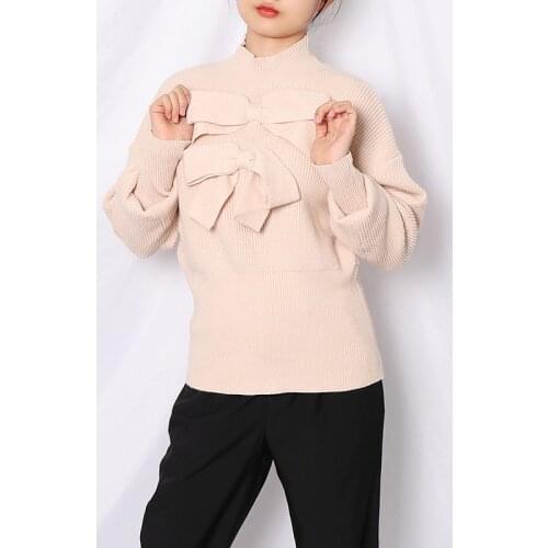 Brand Design Winter Women Ladies Sweet Fashion Stand-Up Collar 3D Bow Knitted Pink White Pullover Sweater 2020 Jumper Clothes