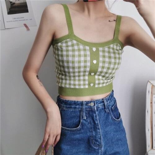 Summer Tops For Women 2020 Fashion Knitted Vest Plaid Buttons Cropped Camisole Top Sexy Outer Wear Bottoming Inner Breasted