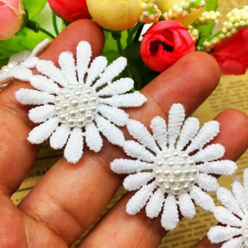 20x White Daisy Flower Pearl Cotton Lace Trim Ribbon Fabric Embroidered DIY Applique for Wedding Dress Clothes Sewing Craft