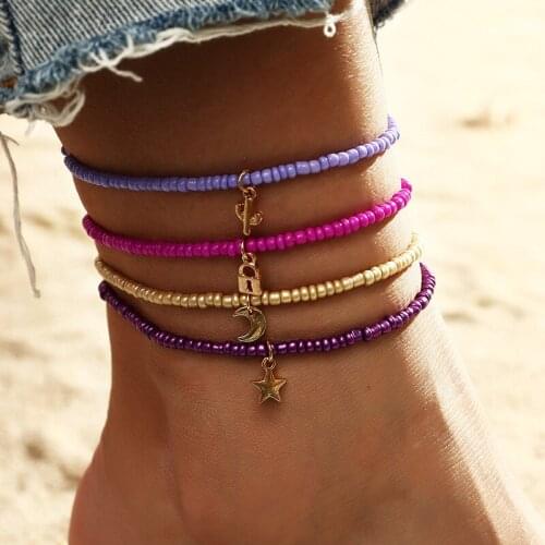 4Pcs/Set Summer Beach Colorful Seed Beads Chain Anklet Bracelets Moon Star Lock Pendant Anklets Barefoot Sandals On Foot Jewelry