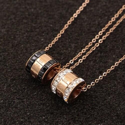 Fashion Stainless Steel Rose Gold Color Crystal Roman numerals Cylinder Pendant Necklace Female Women Girl Party Gift