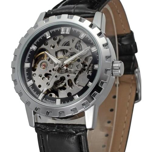 WINNER Fashion Skeleton Mens Watches Automatic Mechanical wristwatch Leather Strap Ladies Watch Top Brand Luxury Halloween Gift