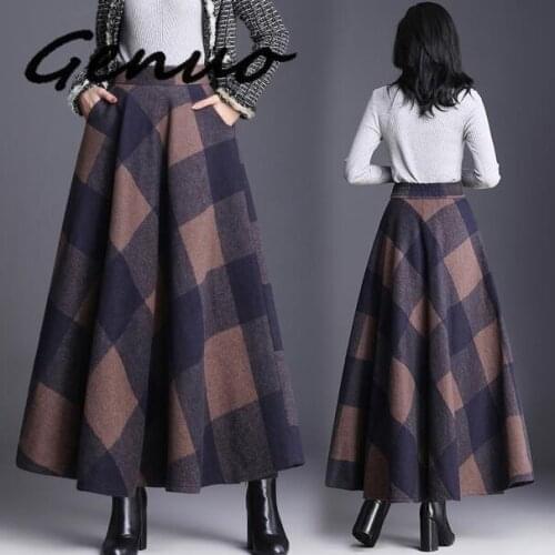 Genuo Plaid Skirt Women Long A-Line Skirt British Style Woolen Maxi Plaid Skirts Kilt Winter Wool Tartan Umbrella Plaid Skirts
