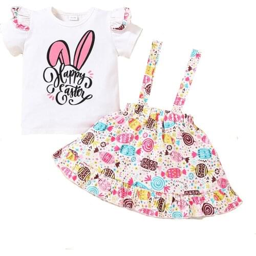 Summer Baby Girls Skirts Two Pieces Easter Suit Cartoon Rabbit Letter Short Sleeve T-shirts and Printing Suspender Short Skirts