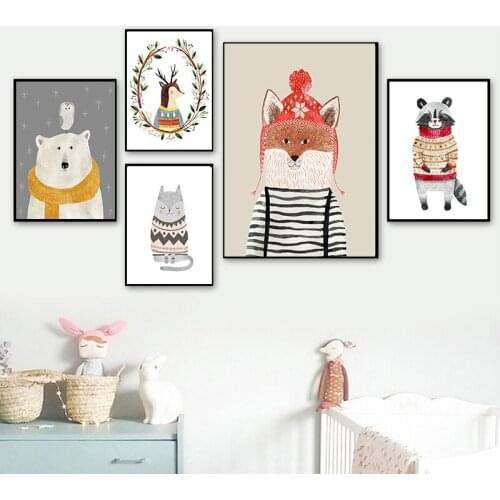 Fox Polar Bear Raccoon Dog Deer Happiness Playful Woodland Kids Room, Nursery Canvas Painting Baby’s Room Home Décor
