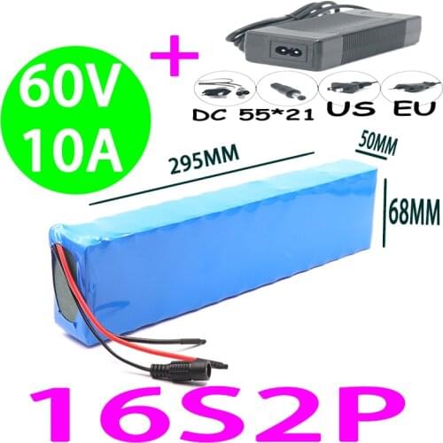 60V 16S2P 10Ah 18650 Li-ion Battery Pack 67.2V 10000mAh Ebike Electric bicycle Scooter with BMS 1000Watt plug + charger