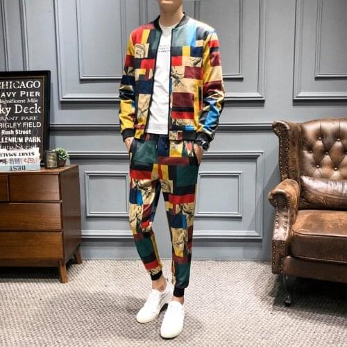 Fashion Mens Luxury Tracksuit Sharp Plaid Print Mens Tracksuits 2020 Abbigliamento Uomo 2 Piece Set Dresy Meskie Esofman Takımı